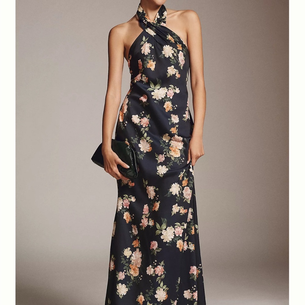 Anthropologie X Bhldn Ruby Twist Halter Satin Gown Navy